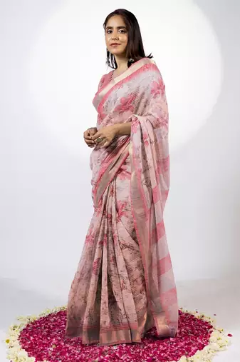 Women's peach floral print golden zari woven cotton blend saree with unstiched blouse piece