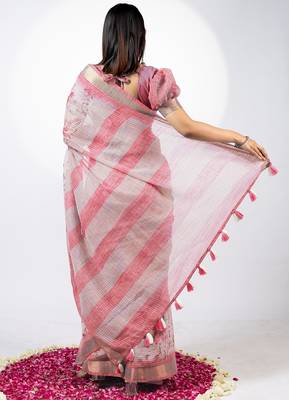 Women's peach floral print golden zari woven cotton blend saree with unstiched blouse piece 4
