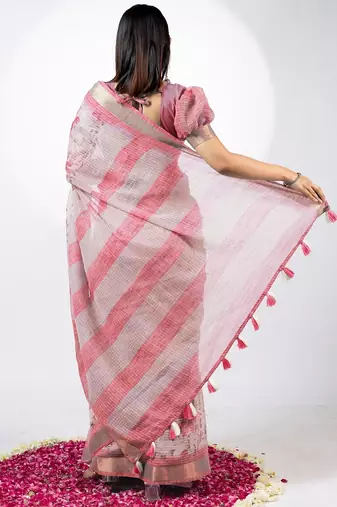 Women's peach floral print golden zari woven cotton blend saree with unstiched blouse piece