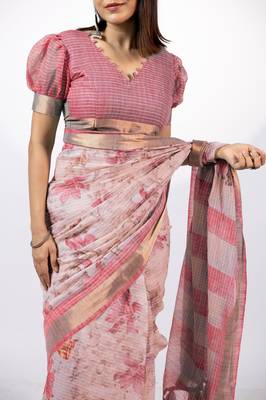 Women's peach floral print golden zari woven cotton blend saree with unstiched blouse piece 5