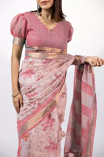 Women's peach floral print golden zari woven cotton blend saree with unstiched blouse piece
