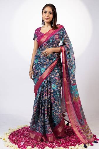Women's navy blue aztec print golden zari woven cotton blend saree with unstiched blouse piece