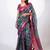 Women's navy blue aztec print golden zari woven cotton blend saree with unstiched blouse piece