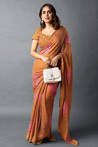 Women's rust foil bandhani print golden lace border chiffon saree with unstiched blouse piece