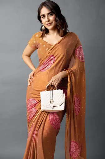 Women's blue floral print silver zari border cotton blend saree with unstiched blouse piece