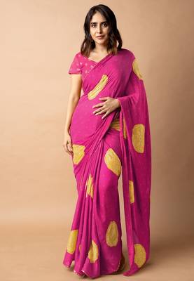 Women's bright pink foil bandhani print golden lace border chiffon saree with unstiched blouse piece 1