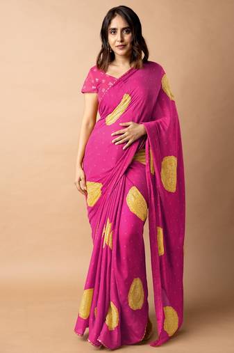 Women's bright pink foil bandhani print golden lace border chiffon saree with unstiched blouse piece