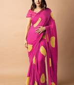 Women's bright pink foil bandhani print golden lace border chiffon saree with unstiched blouse piece