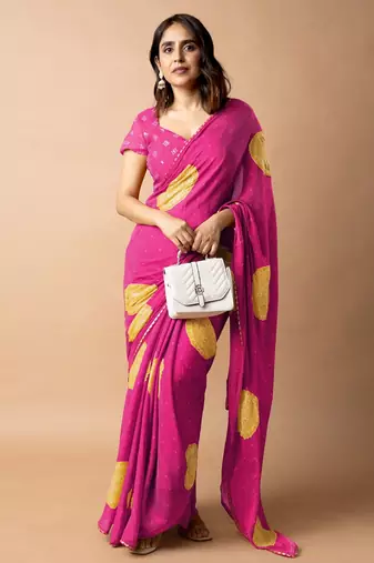 Women's bright pink foil bandhani print golden lace border chiffon saree with unstiched blouse piece