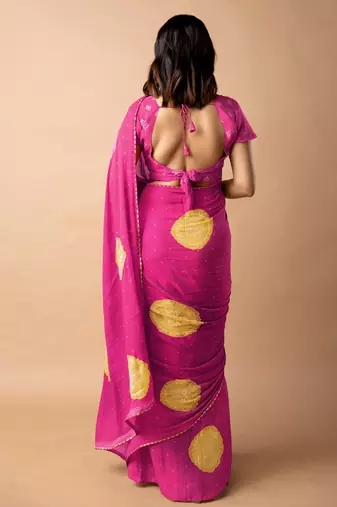 Women's bright pink foil bandhani print golden lace border chiffon saree with unstiched blouse piece