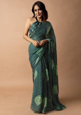 Women's bottle green foil bandhani print golden lace border chiffon saree with unstiched blouse piece 1