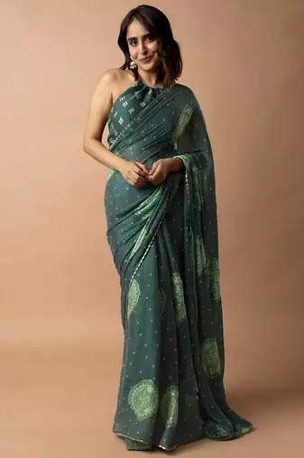 Women's bottle green foil bandhani print golden lace border chiffon saree with unstiched blouse piece