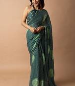 Women's bottle green foil bandhani print golden lace border chiffon saree with unstiched blouse piece