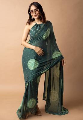 Women's bottle green foil bandhani print golden lace border chiffon saree with unstiched blouse piece 2