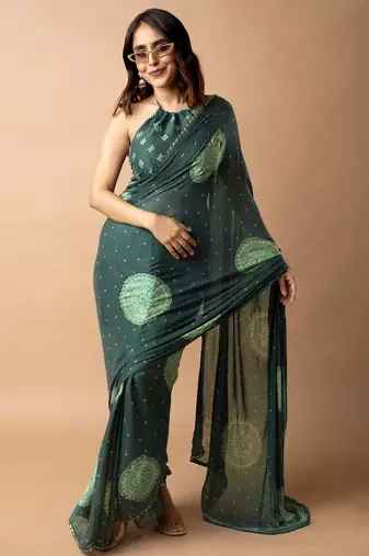 Women's bottle green foil bandhani print golden lace border chiffon saree with unstiched blouse piece