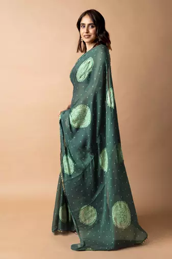 Women's bottle green foil bandhani print golden lace border chiffon saree with unstiched blouse piece
