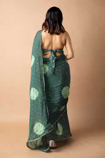 Women's bottle green foil bandhani print golden lace border chiffon saree with unstiched blouse piece