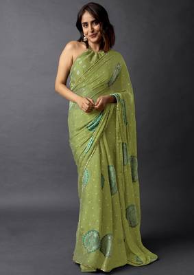 Women's olive green foil bandhani print golden lace border chiffon saree with unstiched blouse piece 1