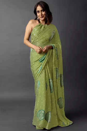 Women's olive green foil bandhani print golden lace border chiffon saree with unstiched blouse piece
