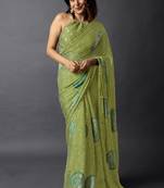 Women's olive green foil bandhani print golden lace border chiffon saree with unstiched blouse piece