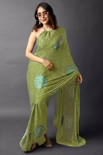 Women's olive green foil bandhani print golden lace border chiffon saree with unstiched blouse piece