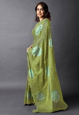 Women's olive green foil bandhani print golden lace border chiffon saree with unstiched blouse piece 3