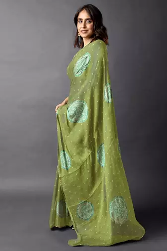 Women's olive green foil bandhani print golden lace border chiffon saree with unstiched blouse piece