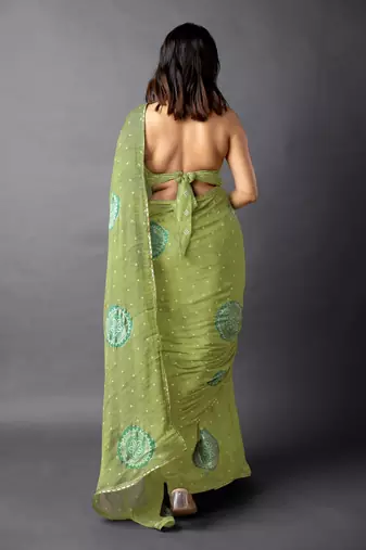 Women's olive green foil bandhani print golden lace border chiffon saree with unstiched blouse piece