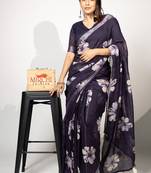 Women's purple floral print silver zari border cotton blend saree with unstiched blouse piece