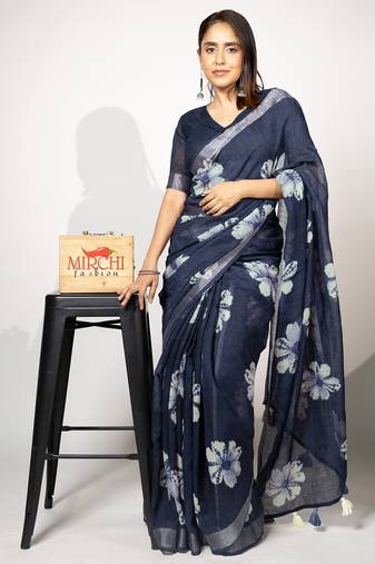 Women's blue floral print silver zari border cotton blend saree with unstiched blouse piece