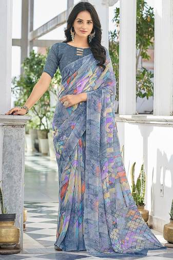 Grey geomatric print soft chiffon saree with unstitch blouse