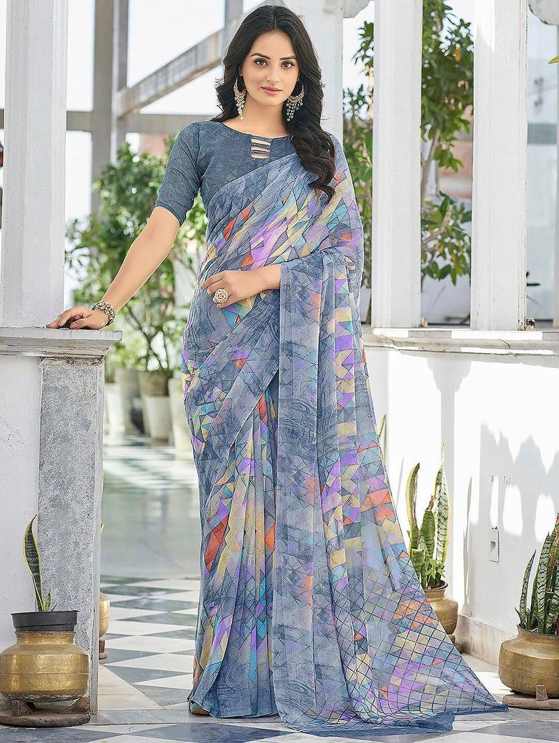 Grey geomatric print soft chiffon saree with unstitch blouse