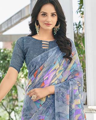 Grey geomatric print soft chiffon saree with unstitch blouse 2