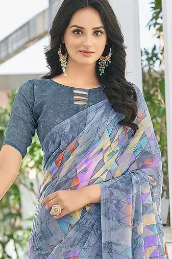 Grey geomatric print soft chiffon saree with unstitch blouse