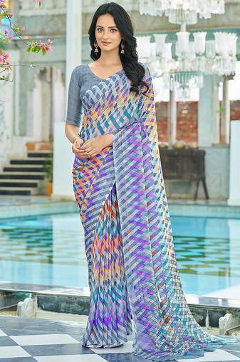 Multicolor geomatric print soft chiffon saree with unstitch blouse