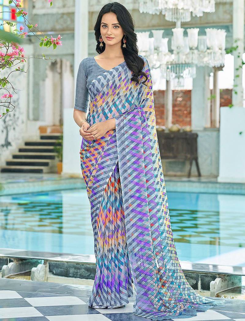 Multicolor geomatric print soft chiffon saree with unstitch blouse
