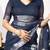 Women's blue floral print silver zari border cotton blend saree with unstiched blouse piece