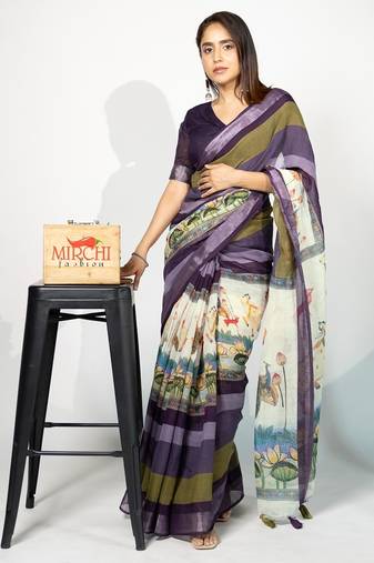 Women's purple madhubani print silver zari border cotton blend saree with unstiched blouse piece
