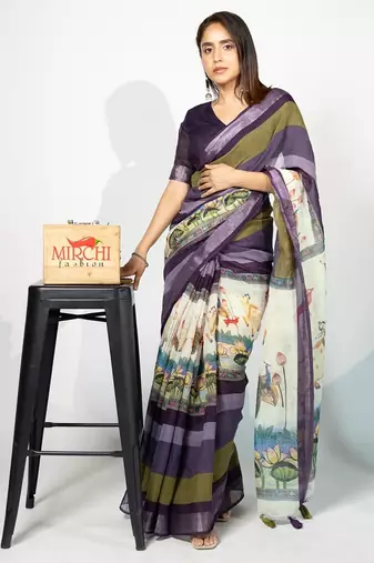 Women's purple madhubani print silver zari border cotton blend saree with unstiched blouse piece