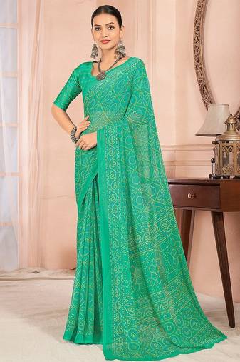Green bandhani tradtional print chiffon saree with unstitch blouse