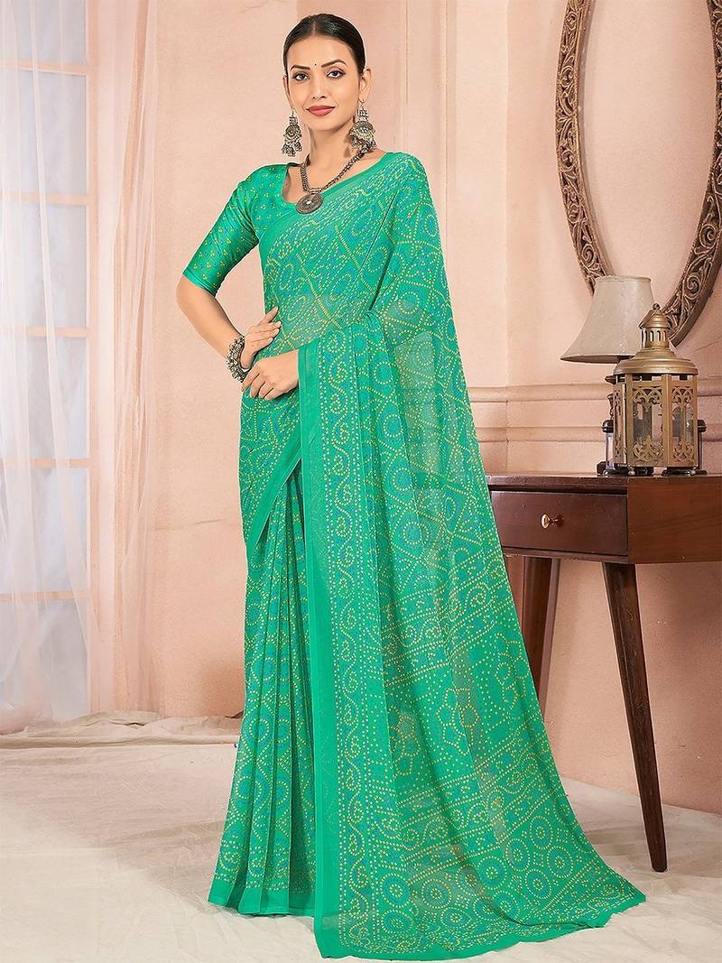 Green bandhani tradtional print chiffon saree with unstitch blouse