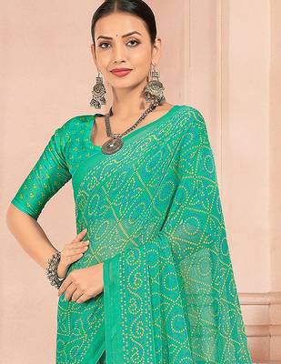 Green bandhani tradtional print chiffon saree with unstitch blouse 2