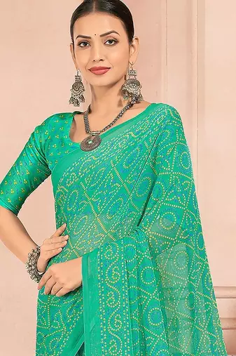 Green bandhani tradtional print chiffon saree with unstitch blouse