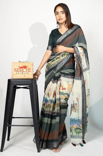 Women's bottle green madhubani print silver zari border cotton blend saree with unstiched blouse piece