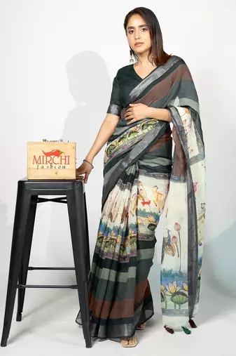 Women's bottle green madhubani print silver zari border cotton blend saree with unstiched blouse piece