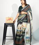 Women's bottle green madhubani print silver zari border cotton blend saree with unstiched blouse piece