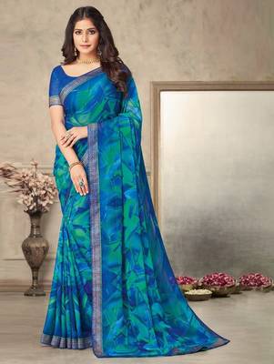 Blue green geomatric print soft chiffon saree with unstitch blouse 1