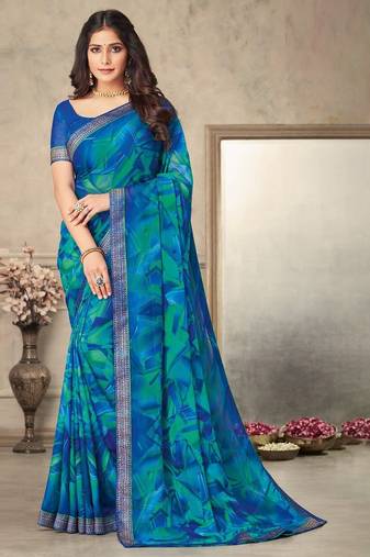 Blue green geomatric print soft chiffon saree with unstitch blouse
