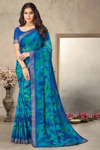 Blue green geomatric print soft chiffon saree with unstitch blouse