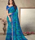 Blue green geomatric print soft chiffon saree with unstitch blouse